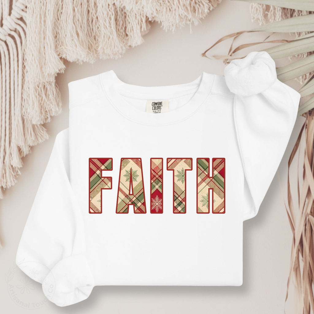 FAITH Christmas Sweatshirt – Plaid Lettering Holiday Crewneck