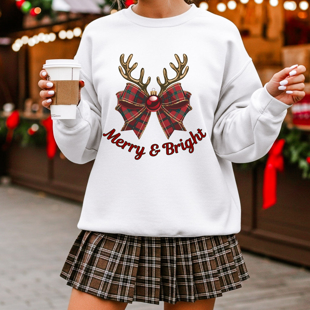 Merry & Bright Christmas Sweatshirt in White — Cozy Holiday Crewneck for Women