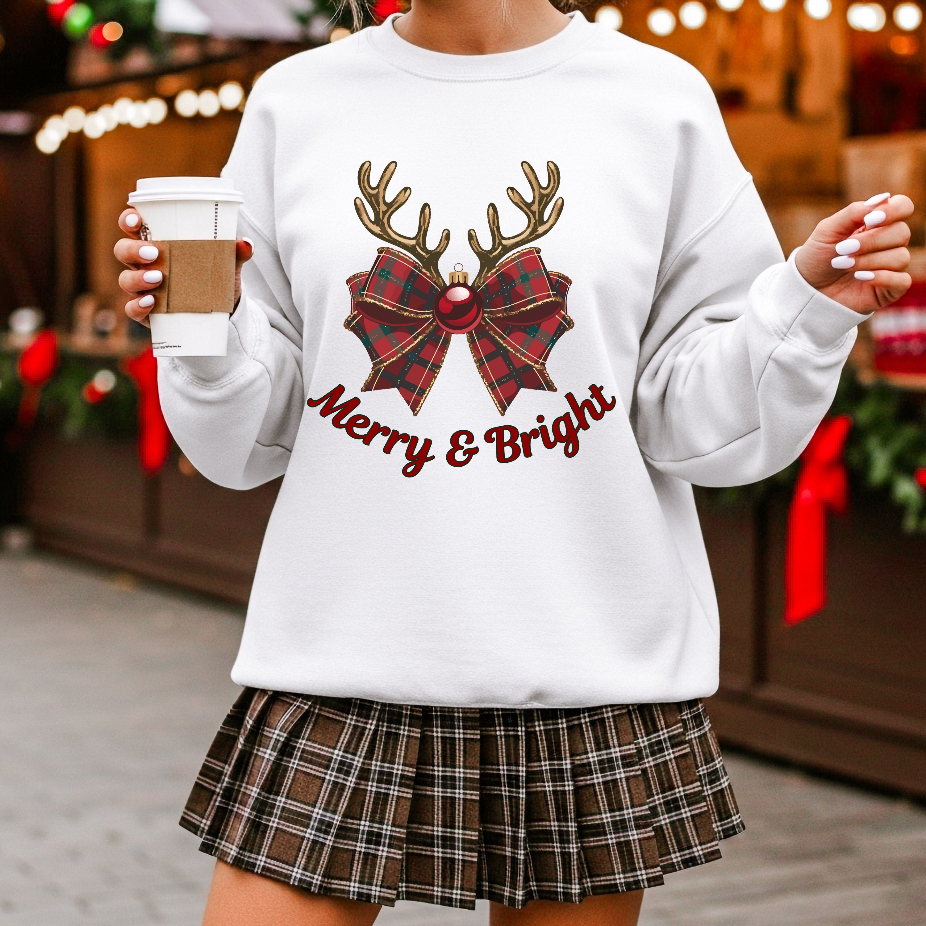 Merry & Bright Christmas Sweatshirt in White — Cozy Holiday Crewneck for Women