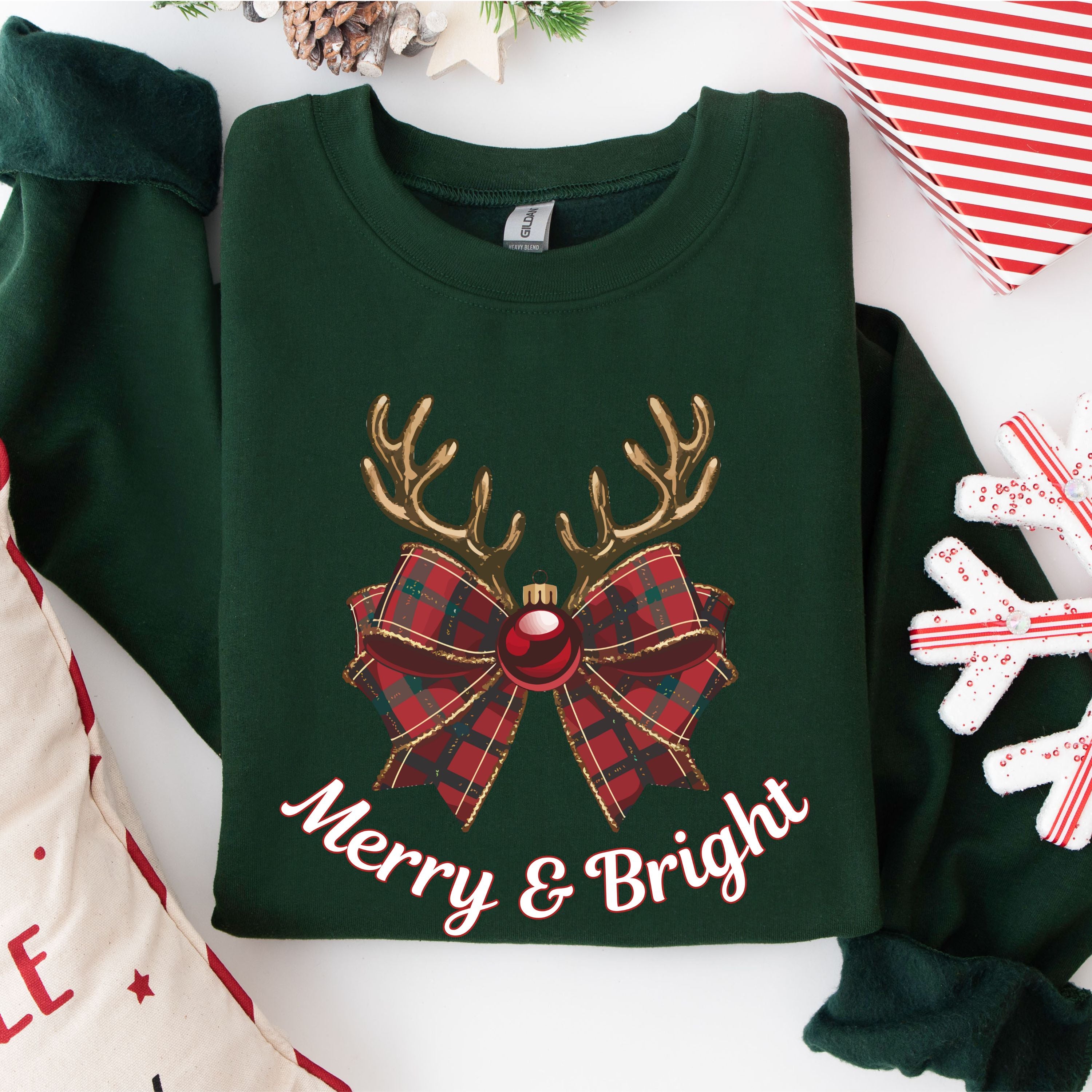 Merry & Bright Christmas Crewneck in Forest Green — Plaid Antler Bow Design