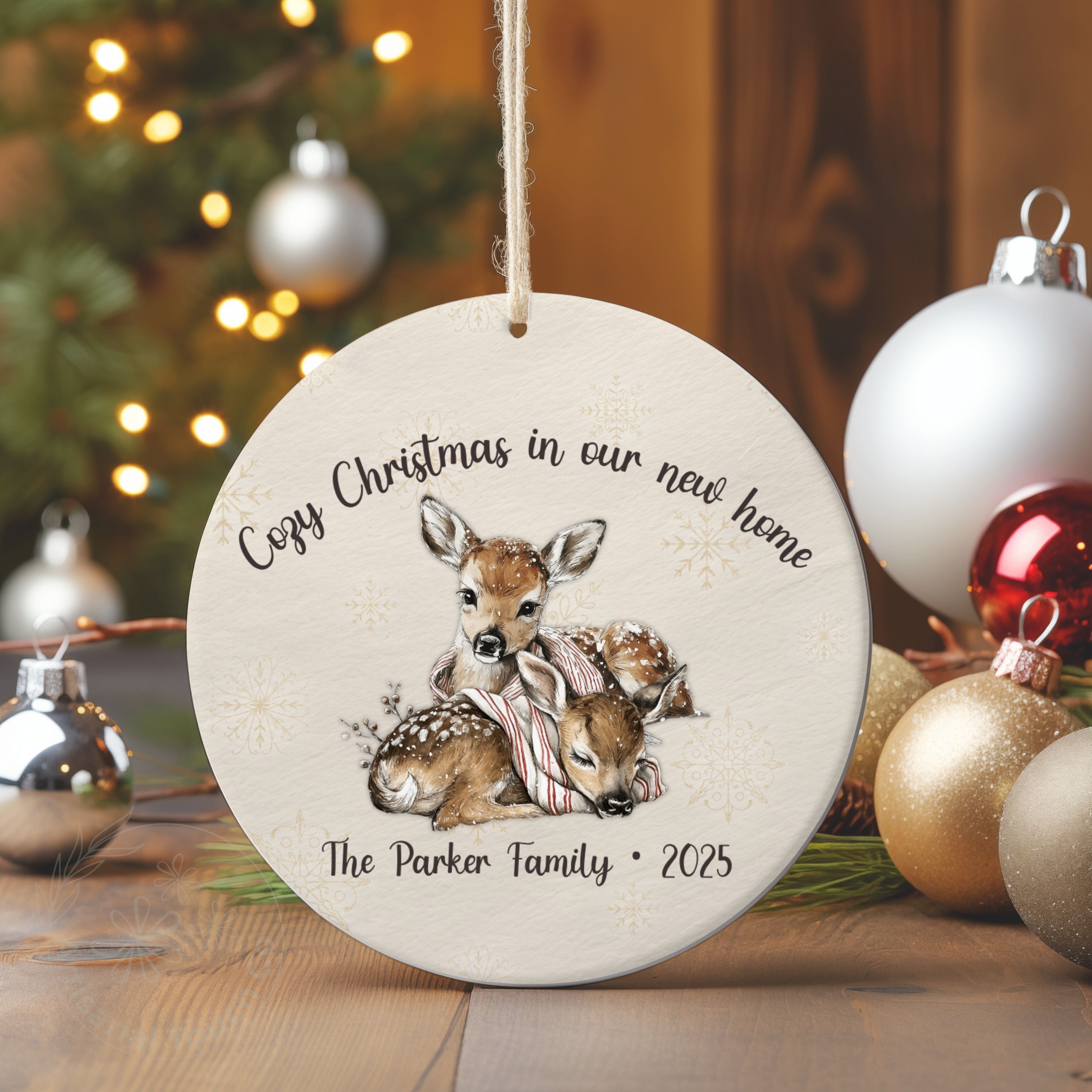 Personalized New Home Christmas Ornament • Cozy Housewarming Keepsake • Custom Family Name + Year
