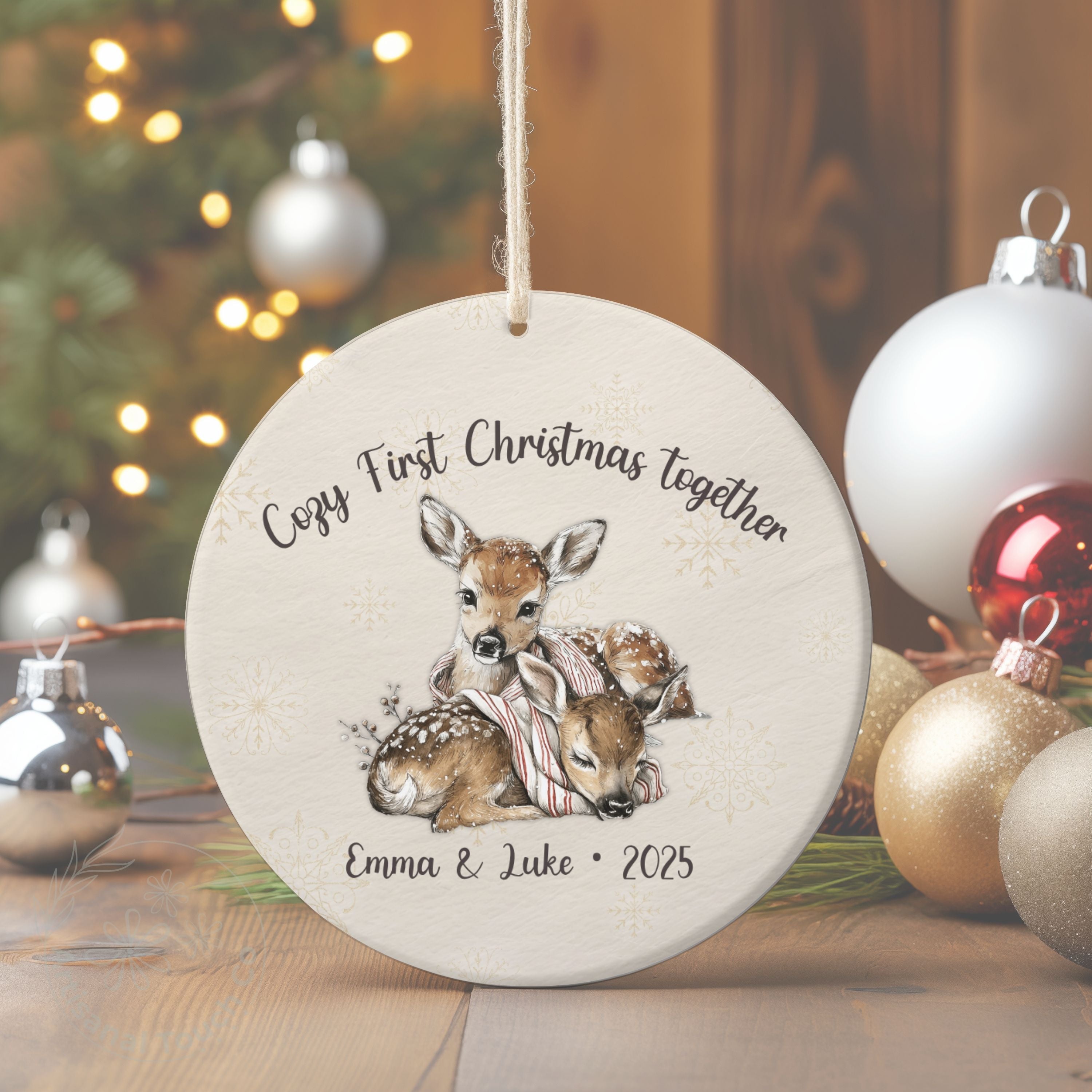Personalized Our First Christmas Ornament • Cozy Sleeping Fawns Keepsake • Custom Couple Name + Year • Neutral Winter Design