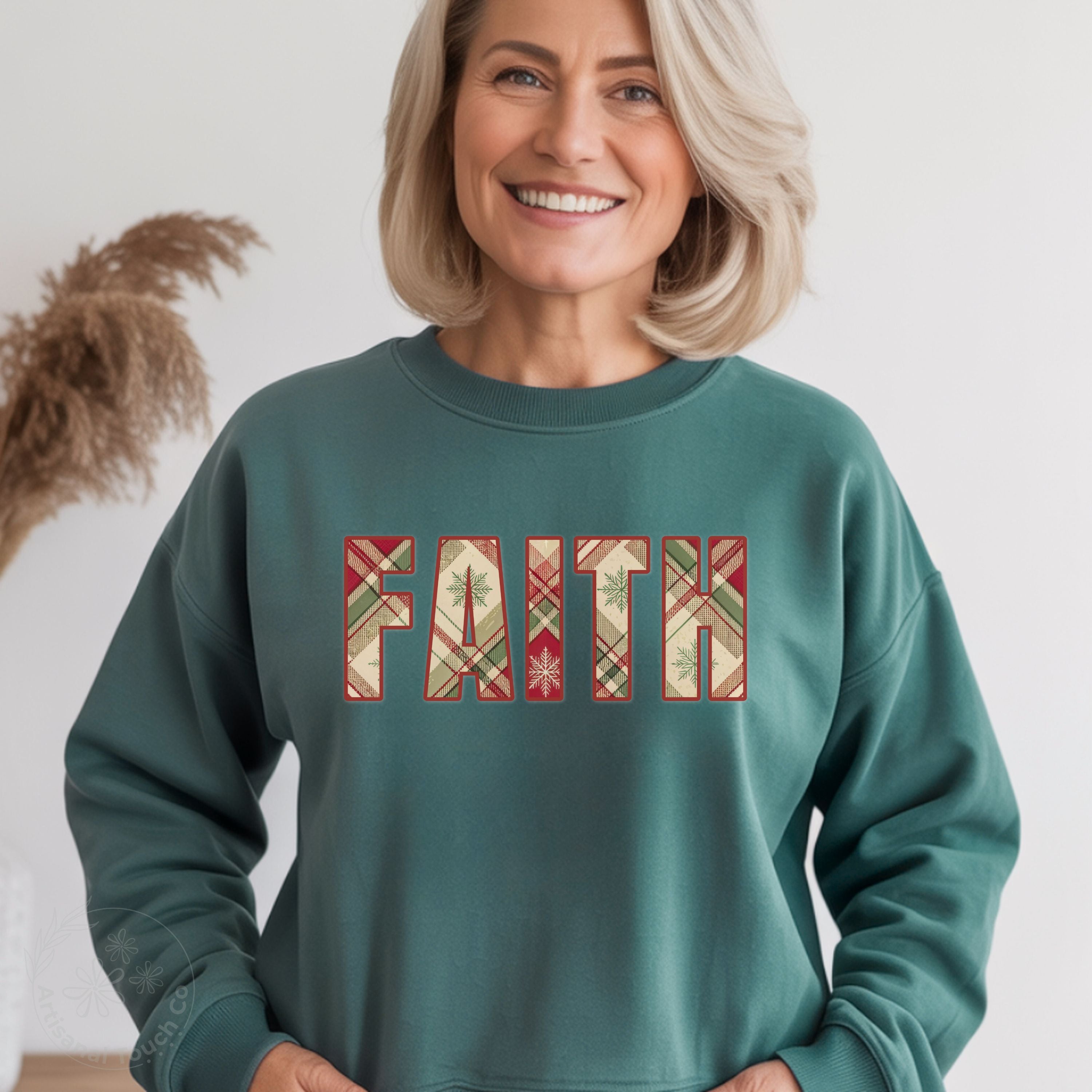 FAITH Christmas Sweatshirt – Plaid Lettering Holiday Crewneck