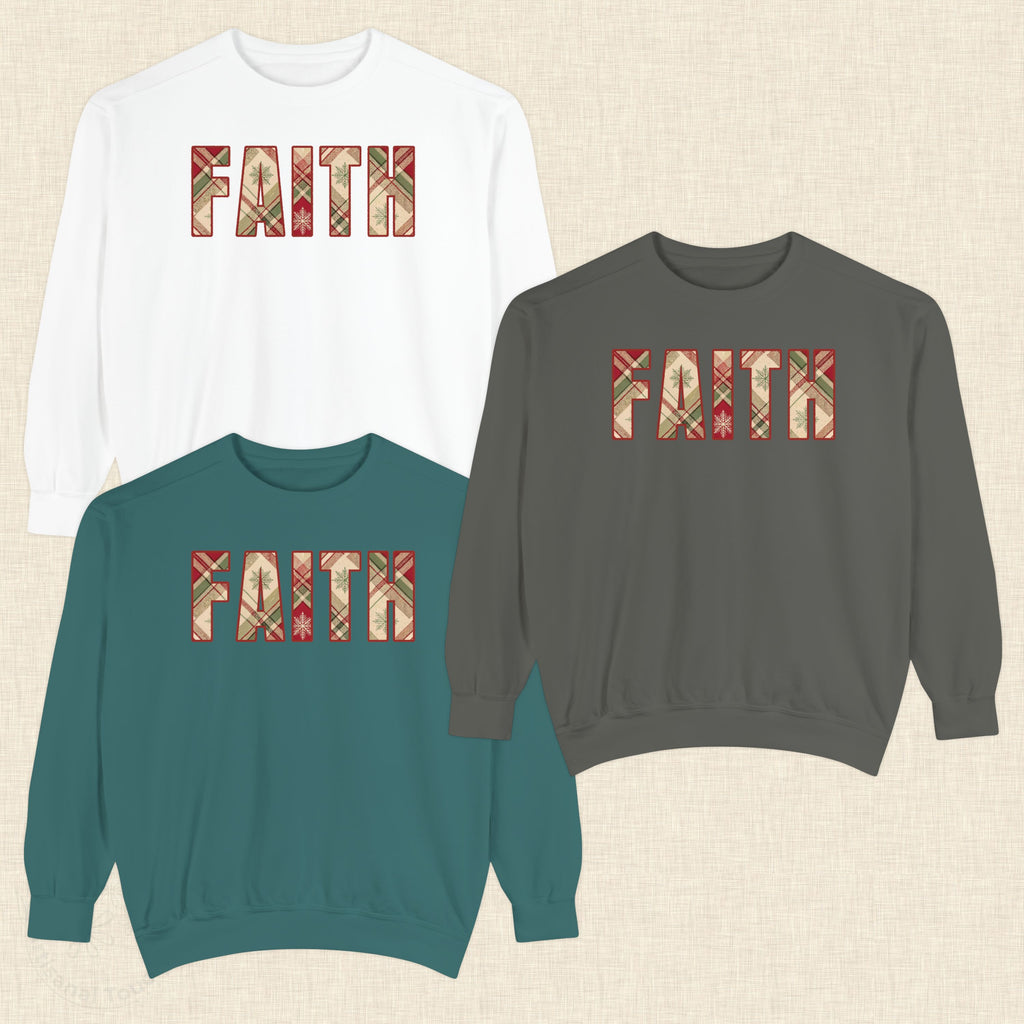 FAITH Christmas Sweatshirt – Plaid Lettering Holiday Crewneck