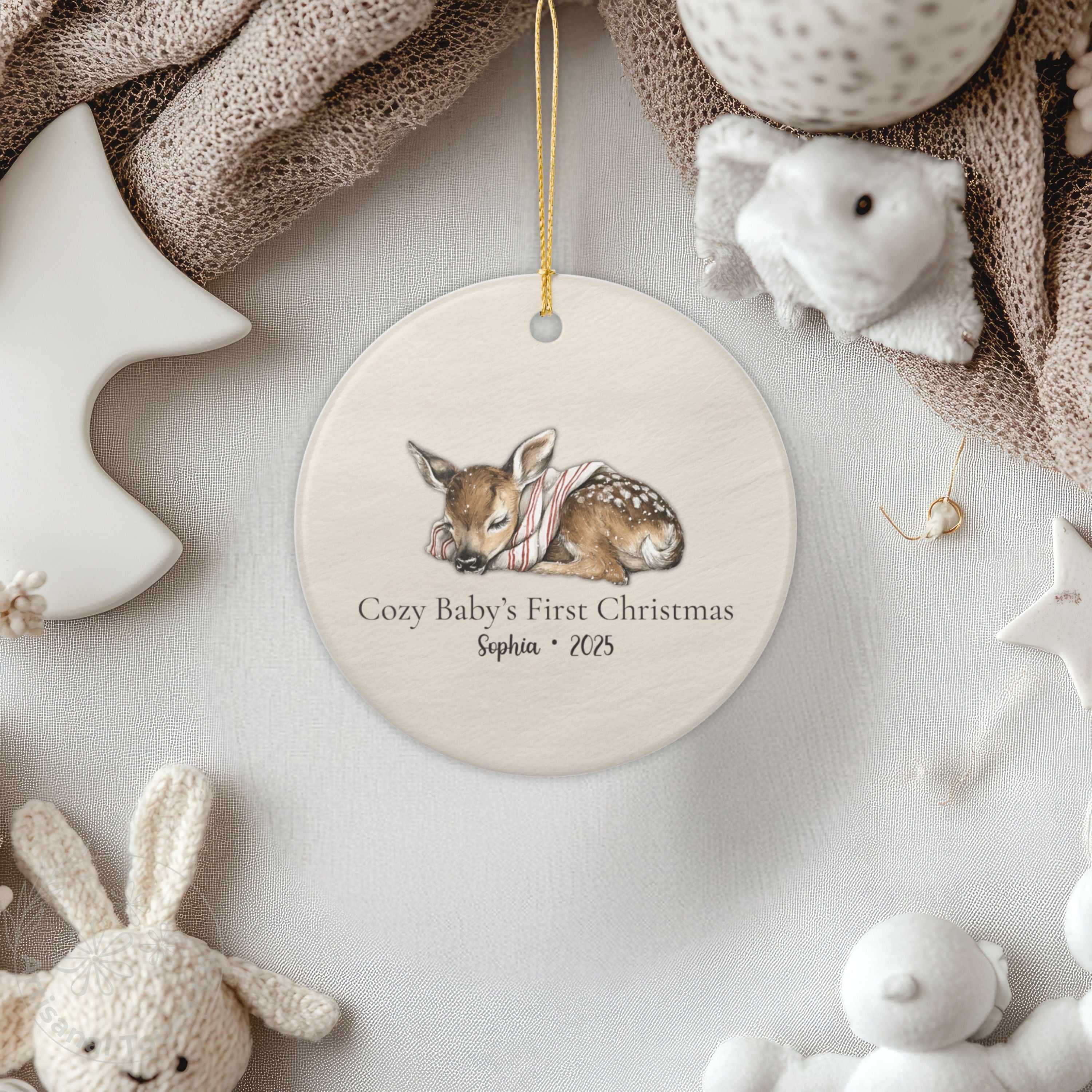 Baby’s First Christmas Ornament – Personalized Neutral Deer Keepsake